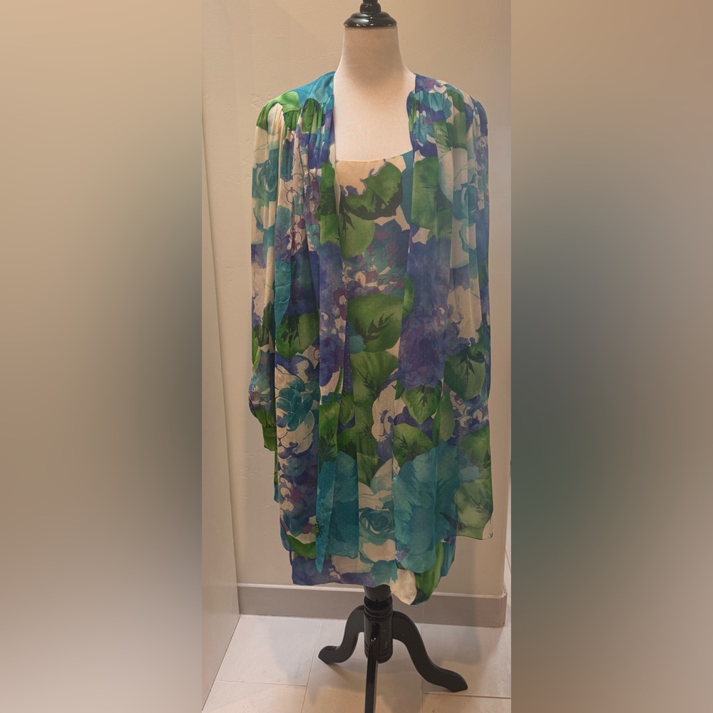 Pauline Trigere Vintage Sheer Patterned Dress & Cape